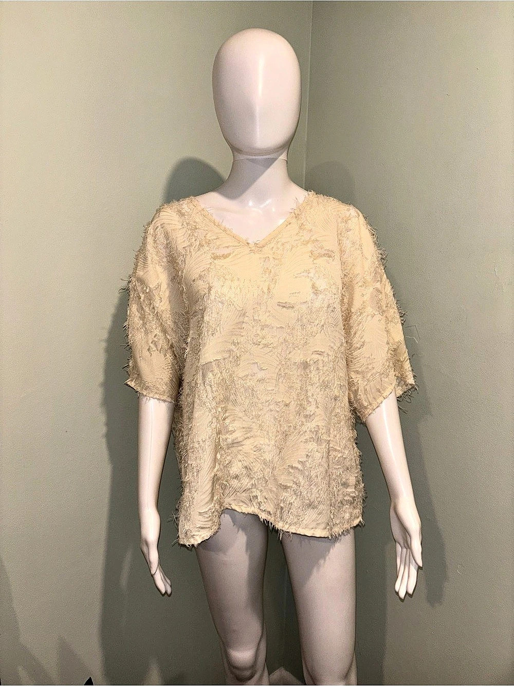 SHEIN Cream Textured V-Neck Short Sleeve Blouse - XL